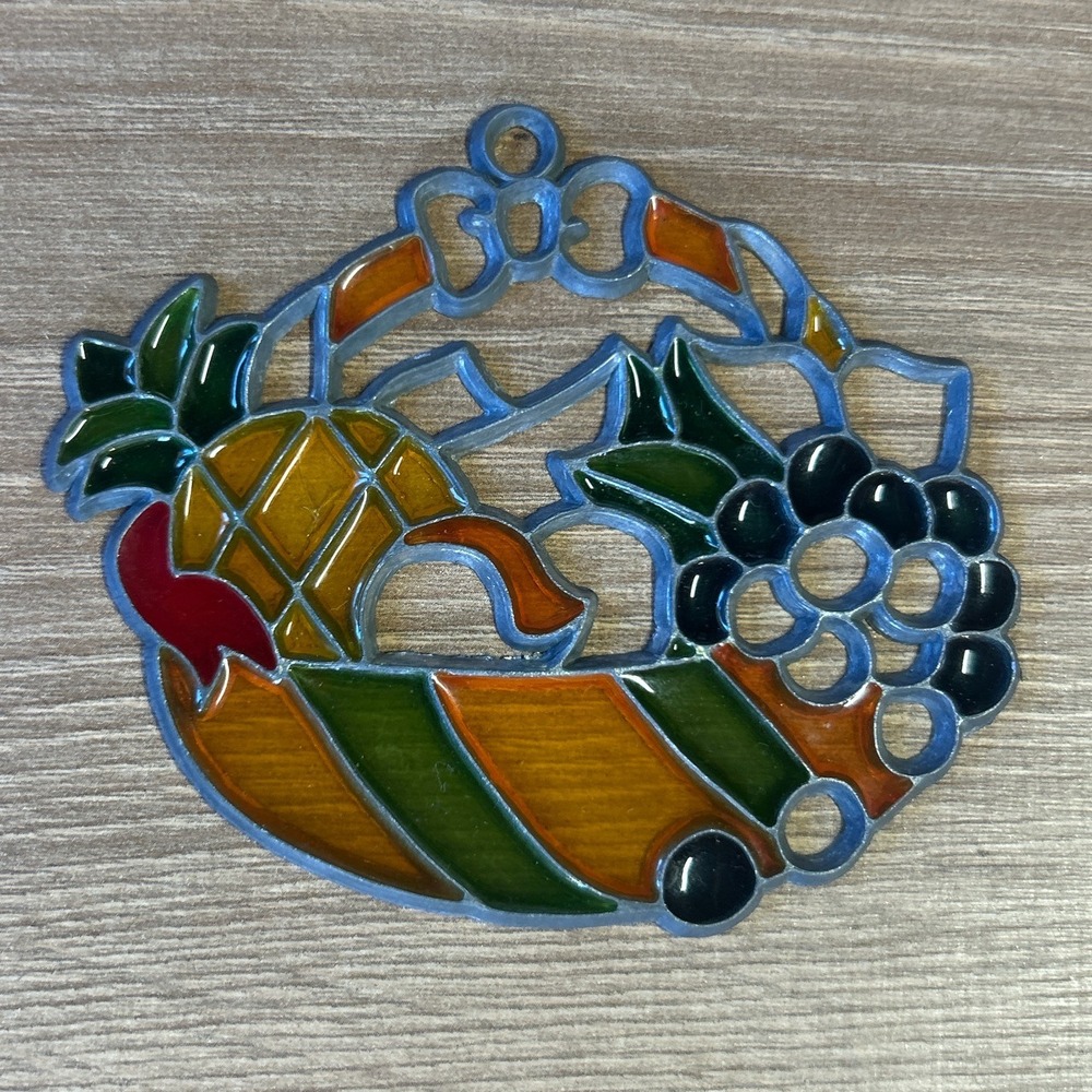 Vintage Faux Stained Glass Fruit Basket Suncatcher Window Hanging Decor